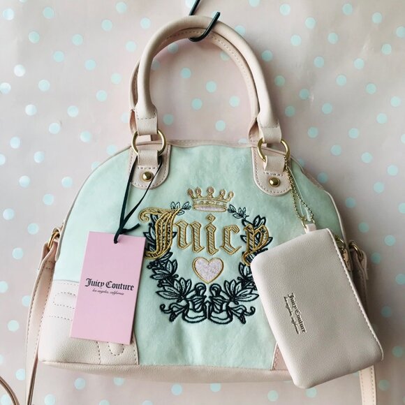 Juicy Couture Handbags - Juicy Couture HERITAGE SATCHEL Velour & Faux leather  w pouch Crystal /Pink Clay